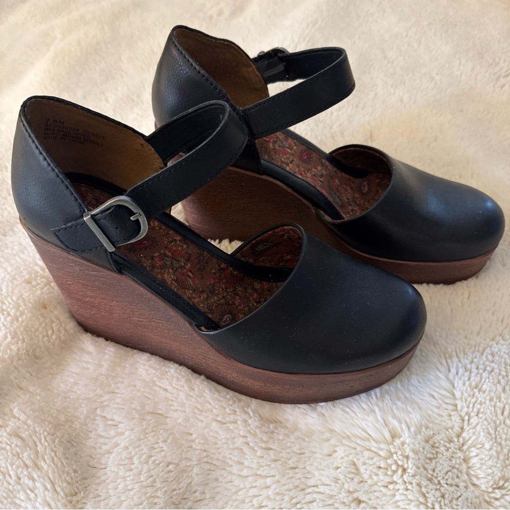boc Black Mary Jane Wedge Sandals with Wood-Effect Platform
